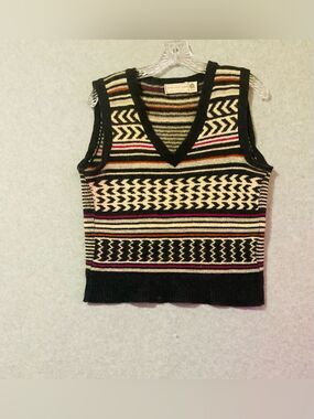 Jones New York Vintage-Inspired Black Patterned V-Neck Sweater Vest Sz